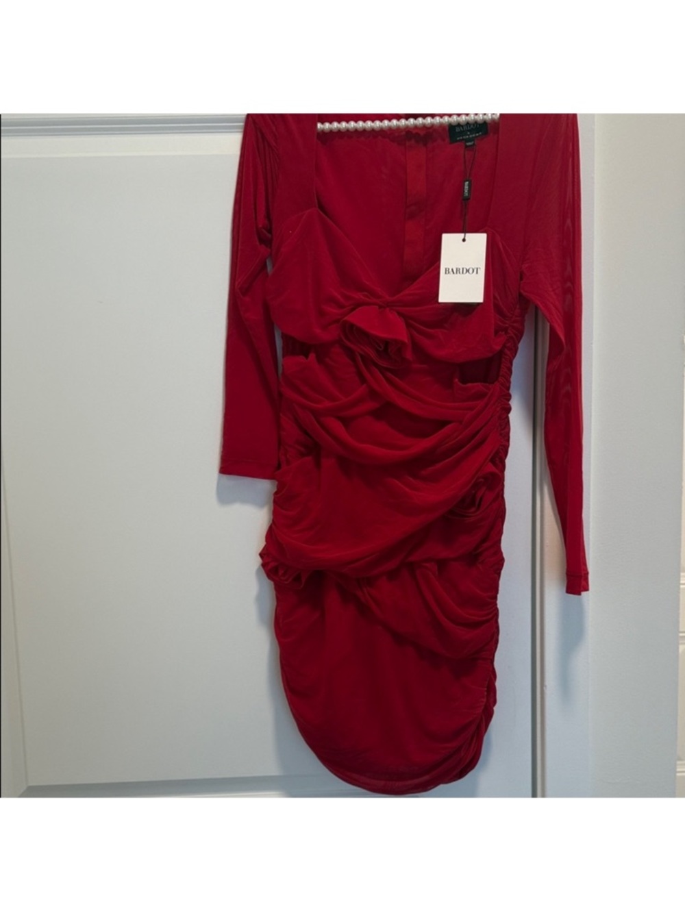 NEW WITH TAGS   Bloomingdale's Bardot Red Ruched Long-Sleeve Dress.  -Brand New
